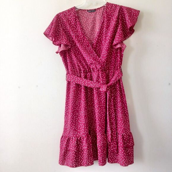 Shein XL Faux Wrap Surplice‎ VNeck Ruffle Tier Red Polka Dots Tie Waist Casual - Picture 8 of 8